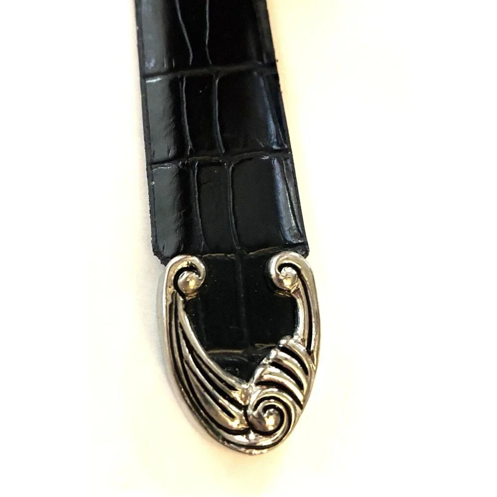 Womens Black Leather Croc Embossed Belt Size Small Silver Buckle